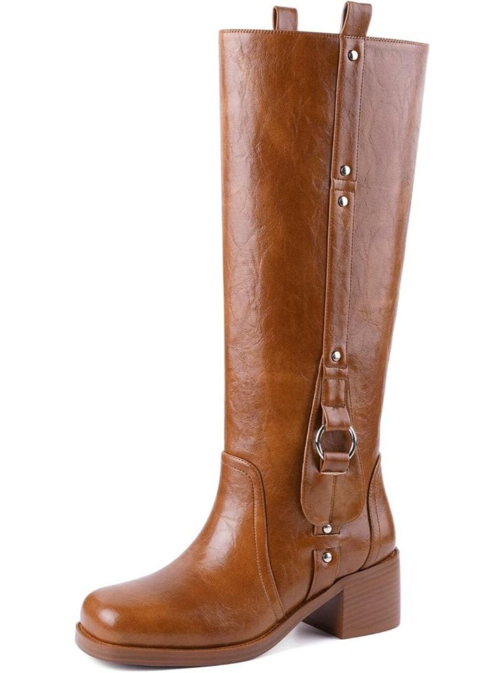 👢Women's Brown Knee High Boots Square Toe Chunky Block Heel Slouch Free Boots